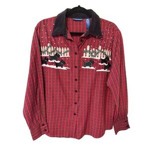 VTG Karen Scott Plaid Button Up Shirt Christmas Holly Scottish Terrier Woman’s M